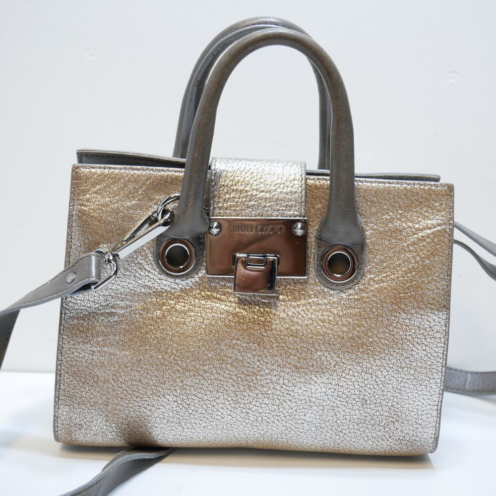 Jimmy Choo Riley Leather Platinum Metallic Hand Bag Shoulder Purse Buckle Close